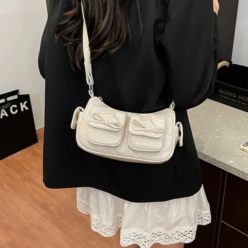 

Multiple Pockets Bow Crossbody Bag Y2K Zipper PU Leather Underarm Bag Adjustable Shoulder Strap Korean Style Women Handbag Girls