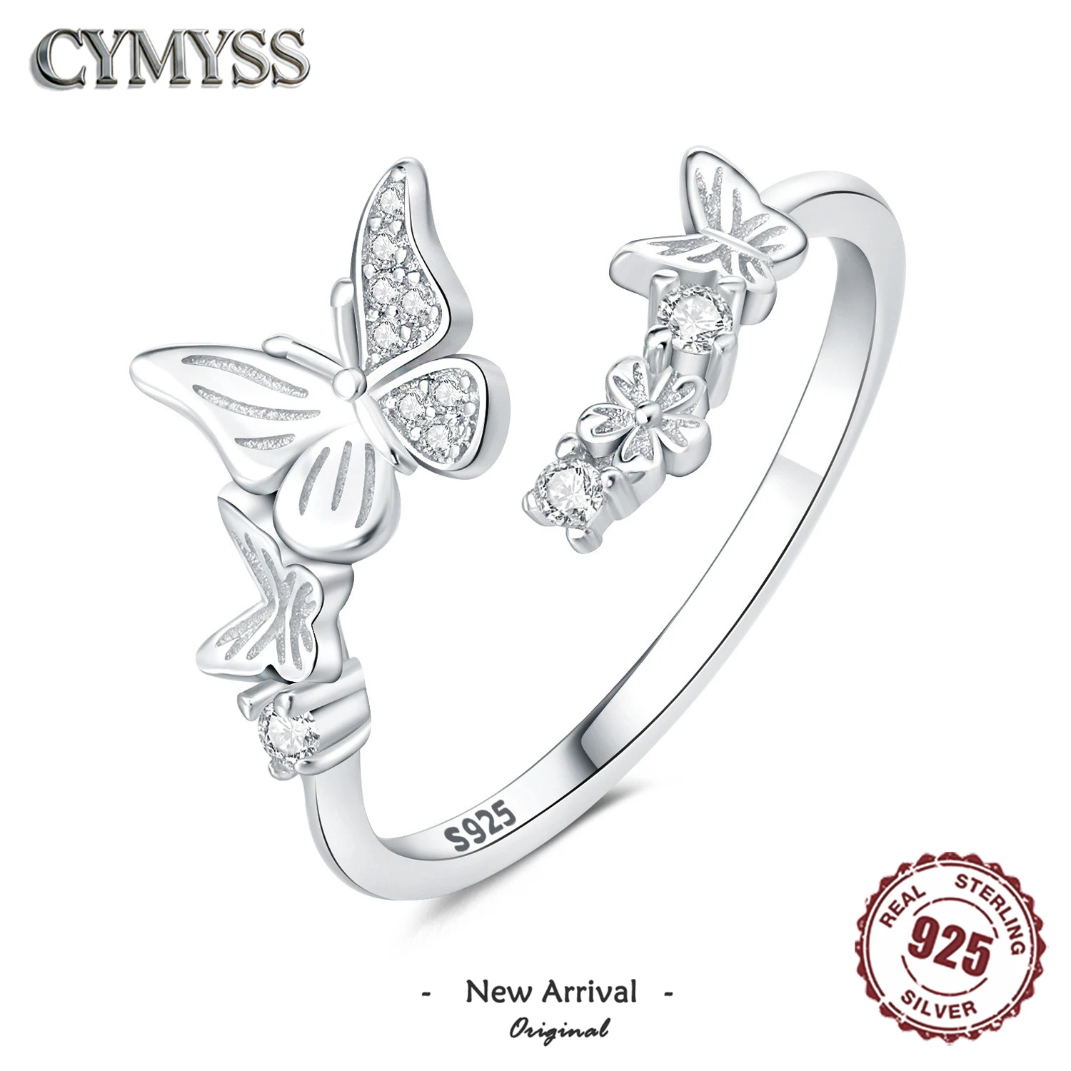 Original Fine Jewelry for Women 925 Sterling Silver Zircon Full Inlay Resin Butterfly Small Flower Adjustable Open Rings Gifts