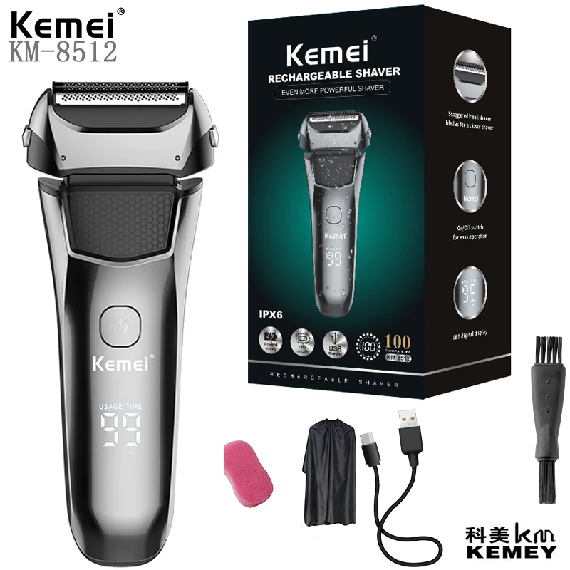 Kemei KM-8512-男性用のデュアルレイヤー電気シェーバー,完全な洗濯機,LCDディスプレイ付き