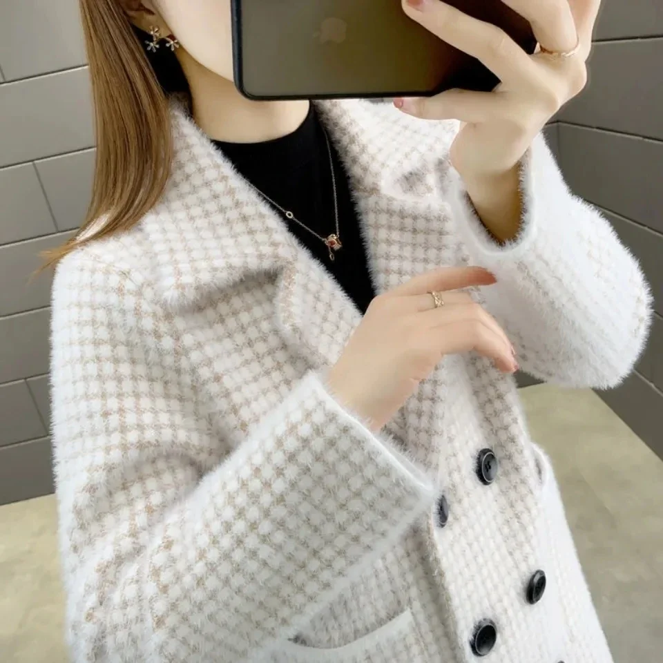 Imitation mink velvet coat women's medium long plaid coat autumn winter thick loose suit collar warm autumn winter coat