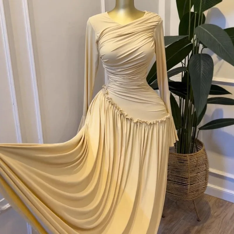 HKSH Frühling Herbst Neue Frauen Kleid Asymmetrische Plissee Oansatz Langen Ärmeln Taille Cinching Slim Fit Elegante Trendy Kleider HK17215