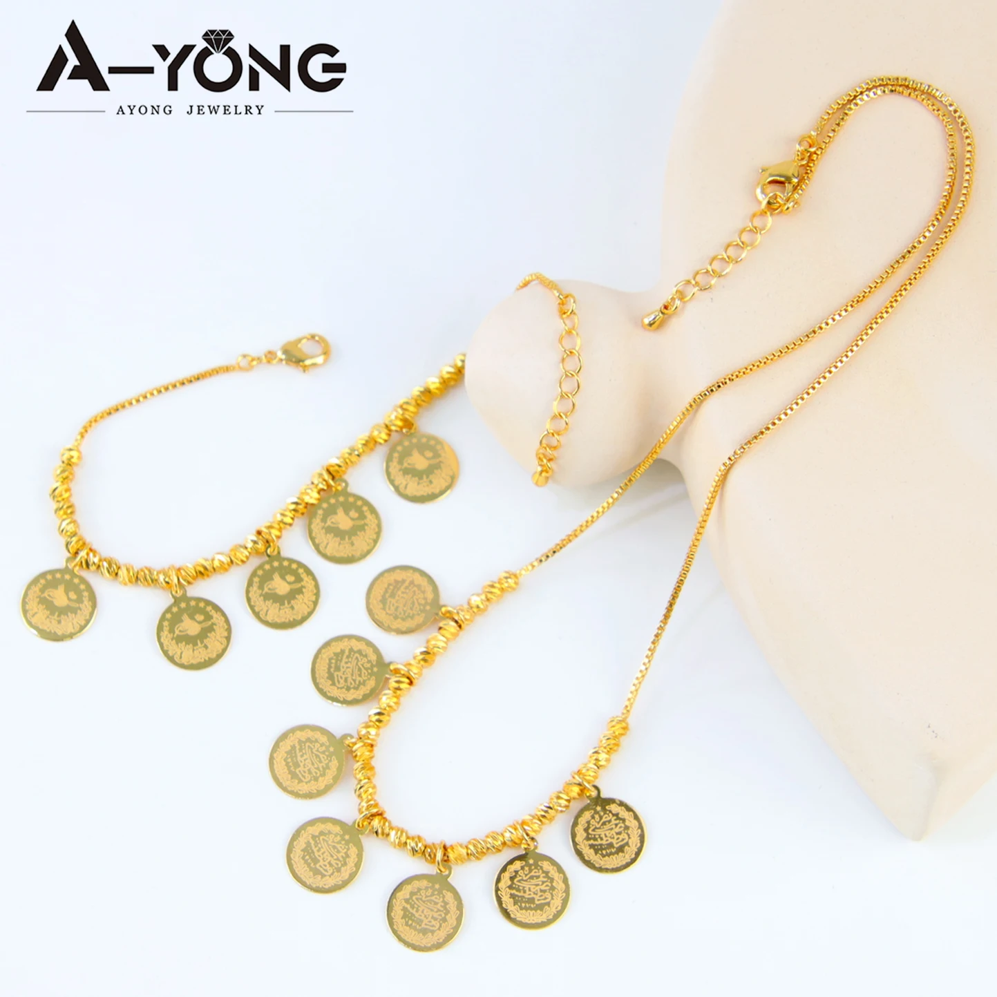 Arabisches Mode-Perlenmünzen-Schmuckset, 21k vergoldet, Dubai Braut-Hochzeits-Halskette und Armband, Habesha Damen Alltagsschmuck – Detail 5