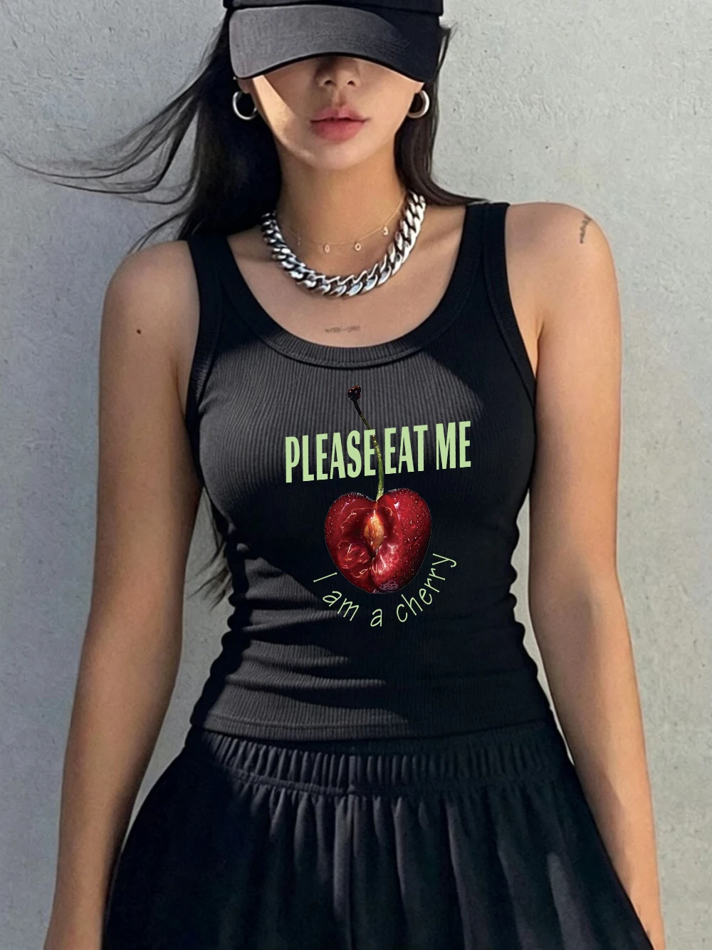 Please Eat Me I Am A Cherry Prints Sleeveless Sporty Women Cotton Singlet Soft Slim Ribbed Knit Vest Summer O-Neck Tank Tops