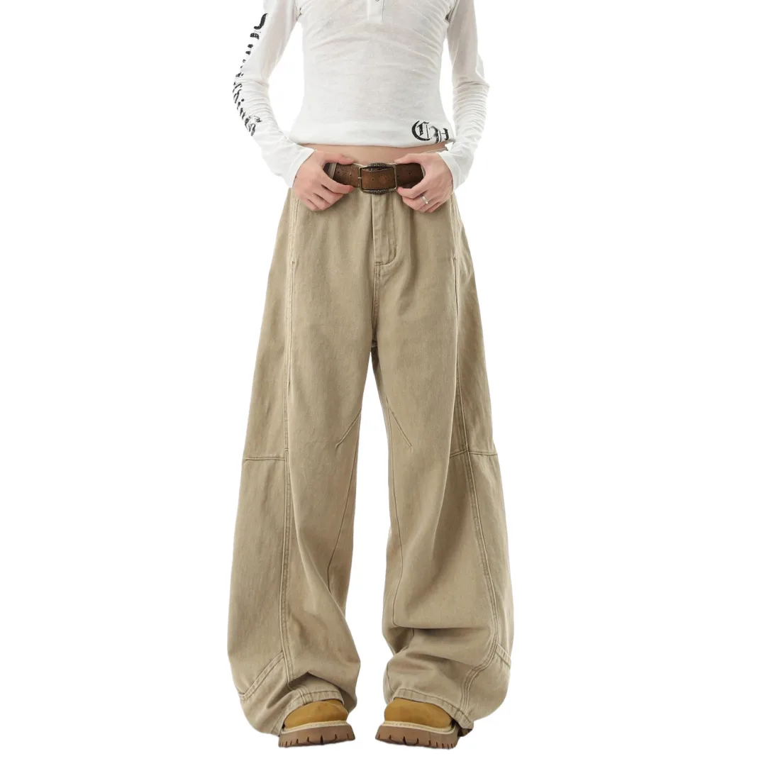 Unisex Autumn Khaki Jeans Casual Pants Vintage Streetwear Cargo Pants Loose Casual Wide Leg Trousers