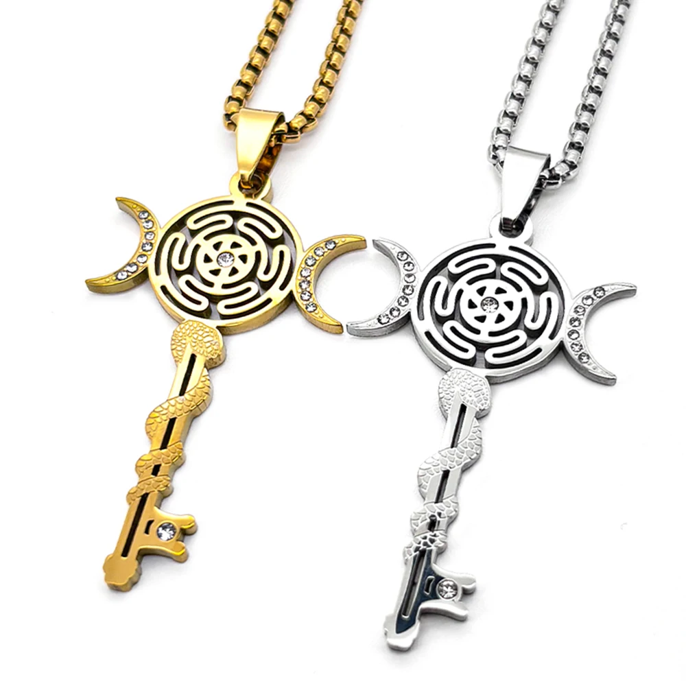 Witchcraft Triple Moon Goddness Key Shape Rhinestones Hekate Stainless Steel Pendant Necklace Hecate Strophalos Jewelry Gift