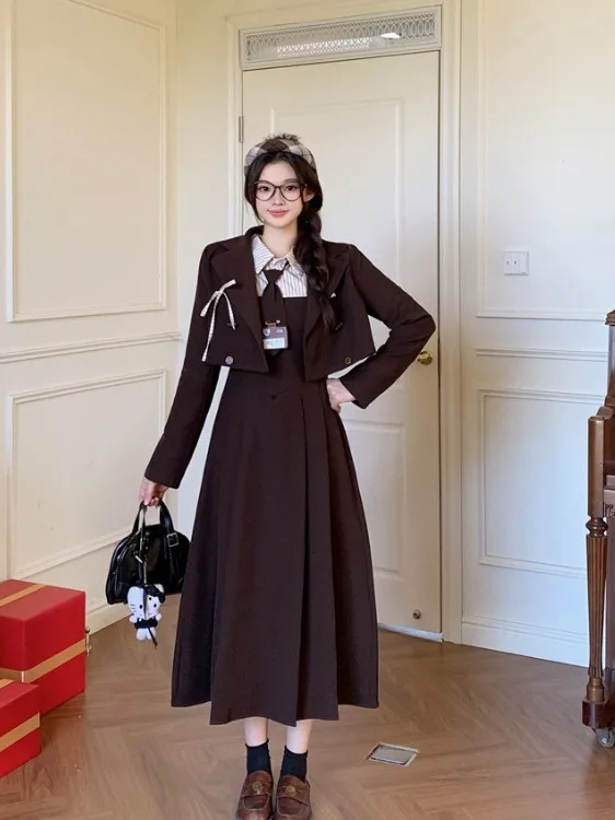 

Женское платье миди больших размеров, А-силуэт, с длинным рукавом, осенне-зимнее, с завышенной талией, в стиле колор-блок, повседневное, корейский свободный крой