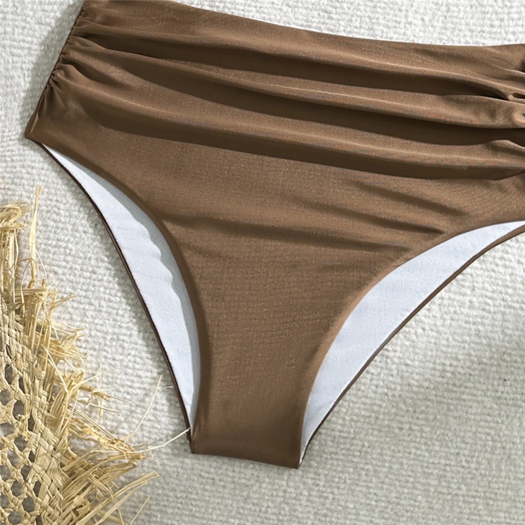 Neuer, geraffter, asymmetrischer Bikini mit hoher Taille, Damen-Badeanzug, zweiteiliges Bikini-Set, Badebekleidung, Badeanzug, Modell V5857. – Detail 25