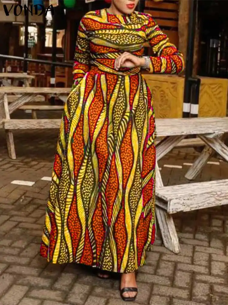 Plus Size 5xl Vonda Maxi kleid übergroße Frauen Bohemian Langarm Vintage bedruckte Sommerkleid Herbst lässig lose Vestidos