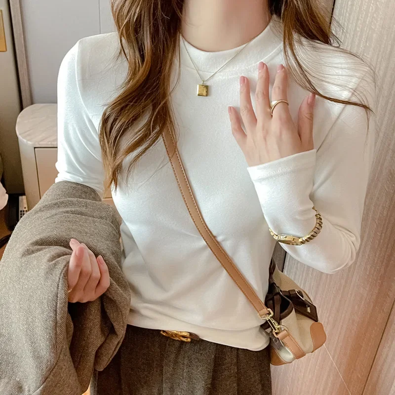 Solid Color Long Sleeve Basic T-Shirt Women Spring Autumn Stand Neck Slim Fit Pullover Base Top Woman Soft Comfort Brushed Tee