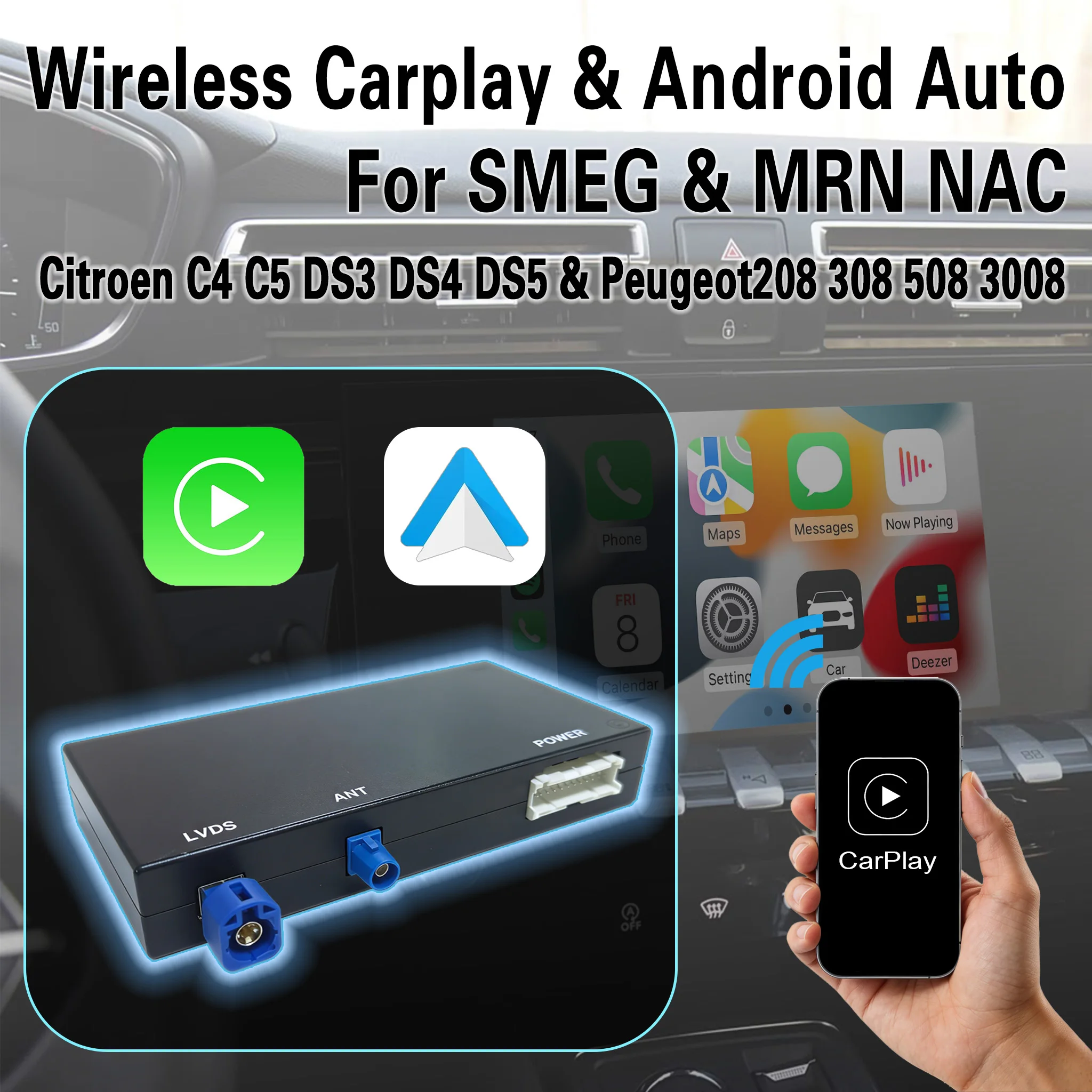 Módulo Inalámbrico CarPlay y Android Auto para Citroën C4 C5 DS3 DS4 DS5 Peugeot 208 308 508 3008, Decodificador de Coche para Sistema SMEG MRN NAC