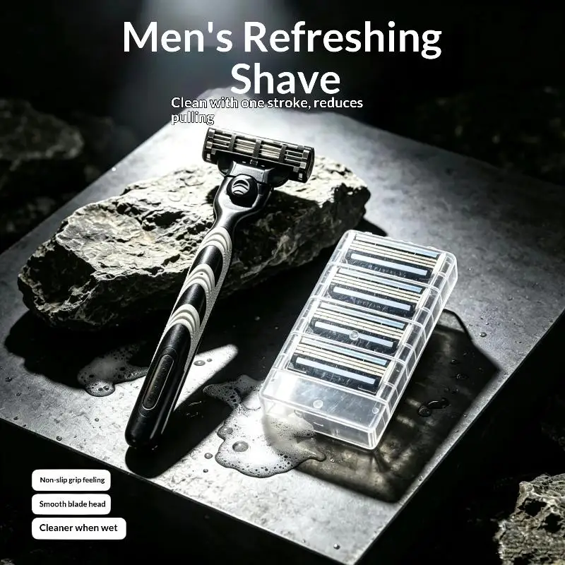 Men's Manual Shaving Razor Ergonomic Non-Slip Handle Sharp Blades Extra Refills Portable for Travel Business Trip Grooming