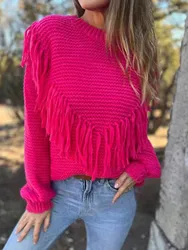 2023 Elegant Women Fashion Pink Fringe Trim Drop Shoulder Long Sleeve Knitted Sweater Female Casual Fall Pullover