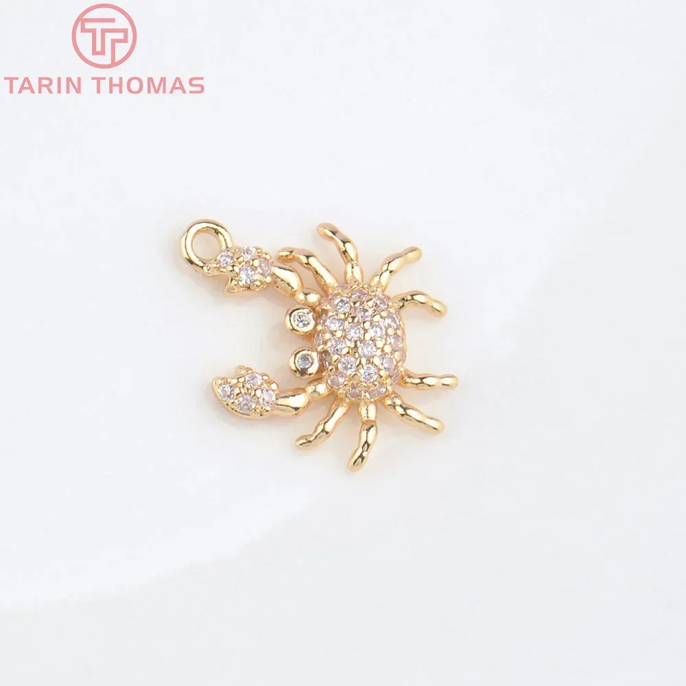 (4831) 6PCS 16x17MM 24K Champagne Gold Color Brass with Zircon Crab Shaped Pendants High Quality Jewelry Making Findings