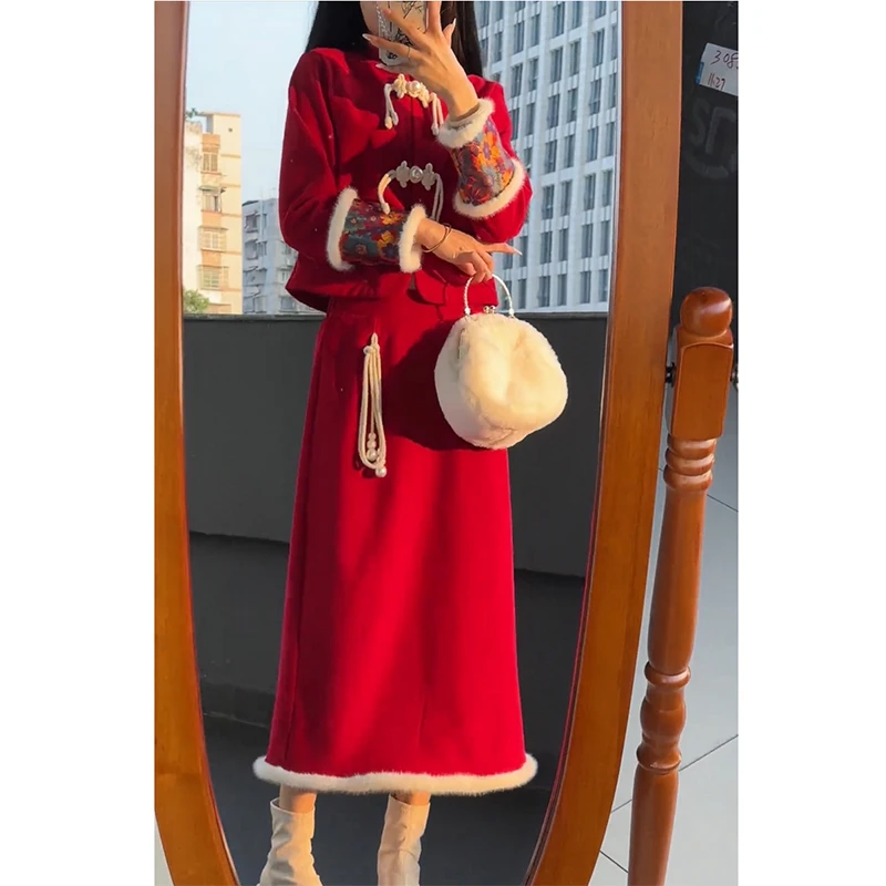 Chinese Style Fashion Patchwork Fleece Suit Ladies Autumn Winter Vintage Buttons Long Sleeve Coat Red Temperament Trend Skirt