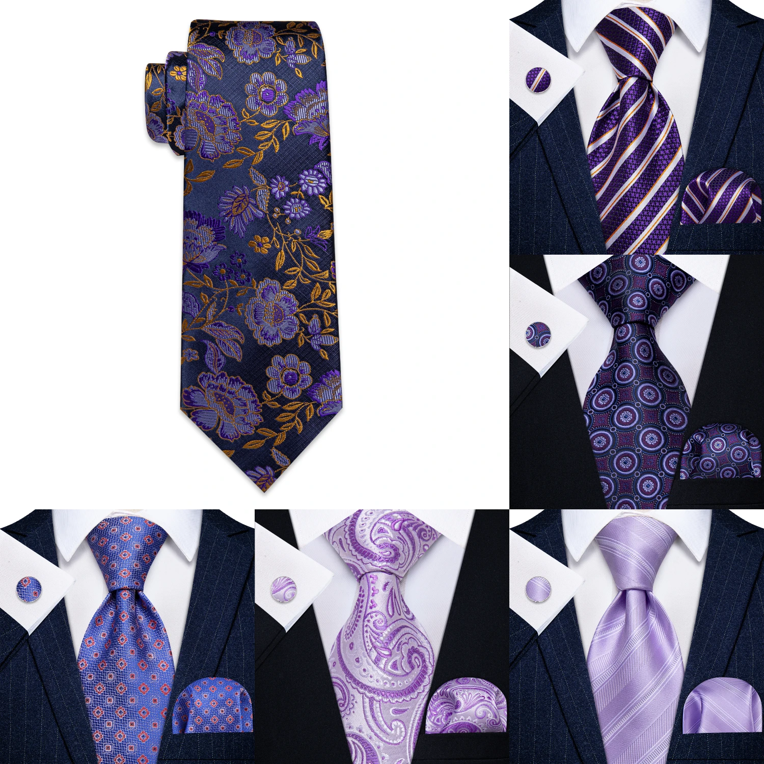 Men Purple Ties Striped Paisley Floral Wedding Party Formal Necktie Handkerchief Cufflinks Gift Dropship