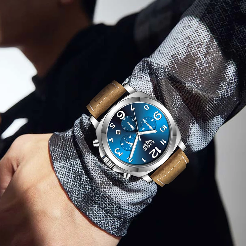 LIGE Casual Leather Watches For Men Top Brand Luxury Big Dial Watch Men Fashion Waterproof Luminous Date Chronograph Clock Male