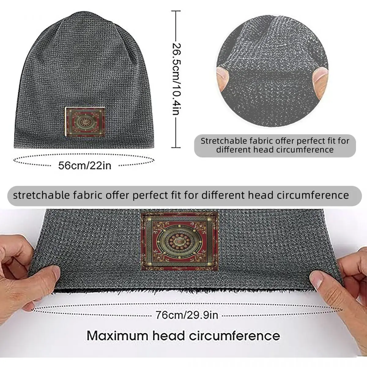 Greek Key Meander Red Gold Black Medallion Baroque Waffle Fleece Lined Beanie with PU Leather Patch Unisex Warm Winter Soft Cap