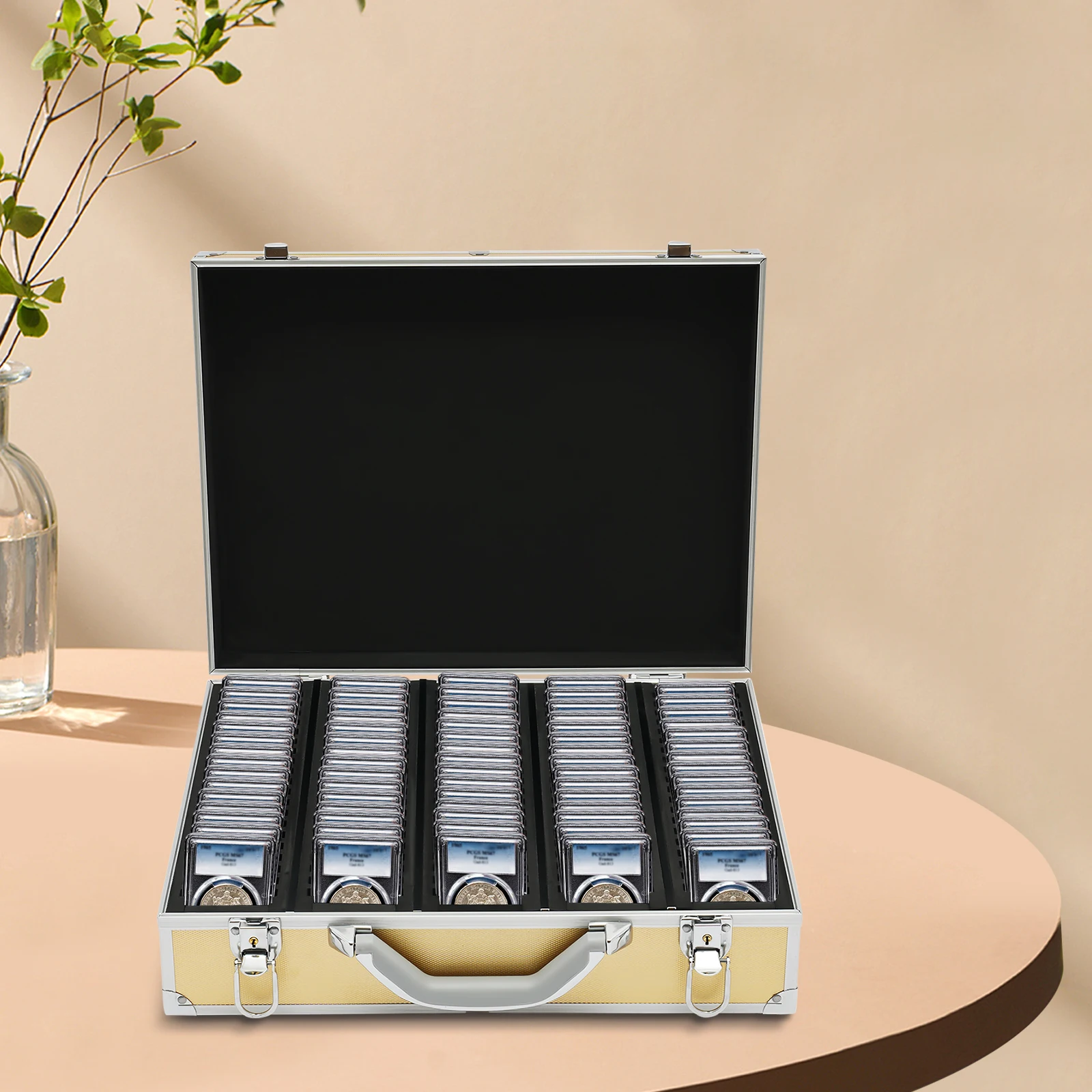 

Luxury Gold 5-Grid 100 Coin Storage Box Storage & Display Aluminum Alloy Box Case Holds 100 Coin Holders Slabs For Denomination