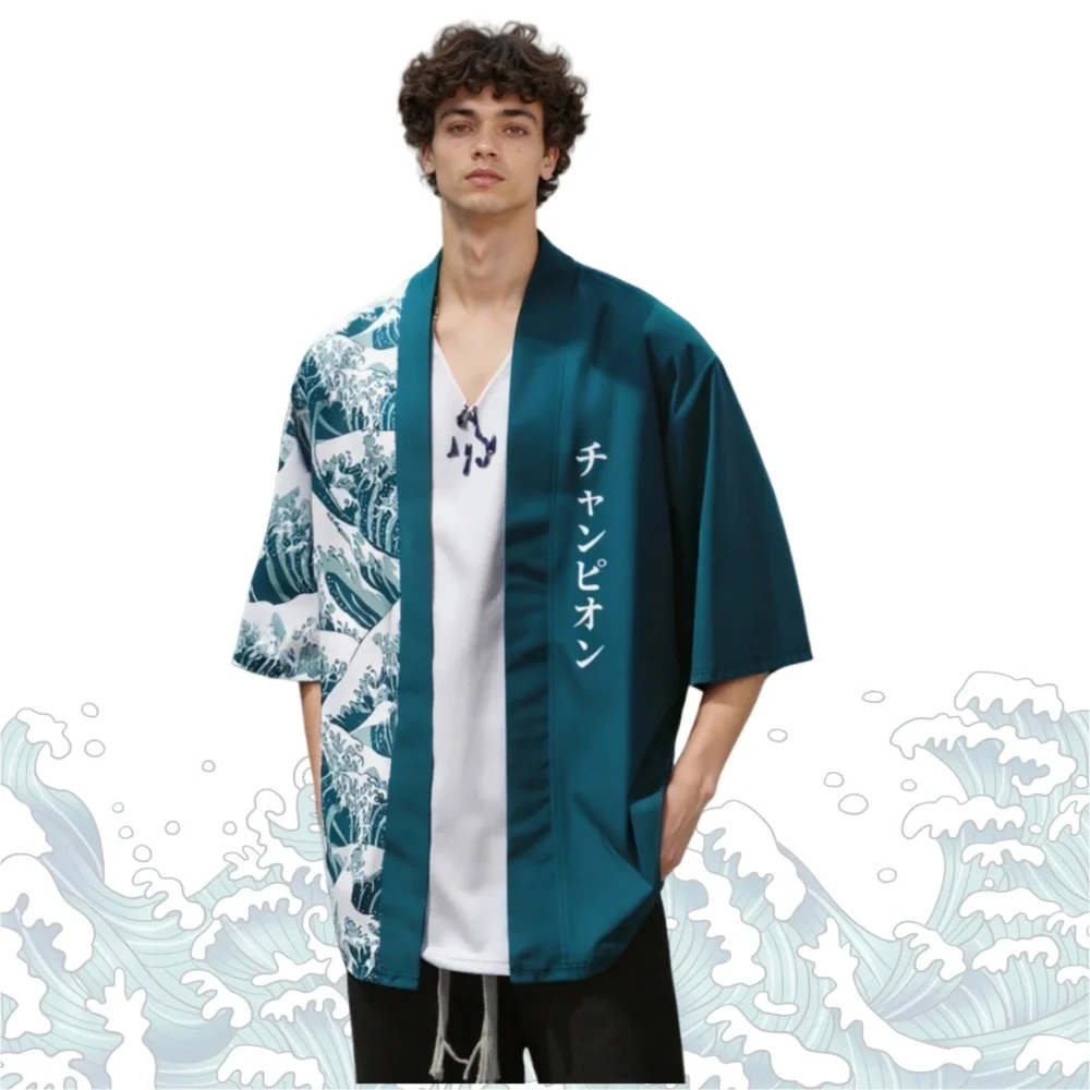 Vintage Japanese Style Kimono Cardigan Blue Sea Waves Ukiyoe Print Loose Fit Haori Jacket for Men Women Casual Beach Outerwear