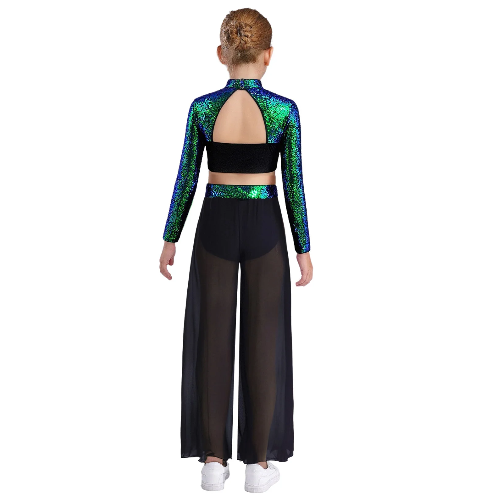 

Girls Lyrical Dance Outfits Ballet Jazz Dance Costume Long Sleeve Sequin Crop Tops +Chiffon Wide-Leg Side Slit Dance Pants Set