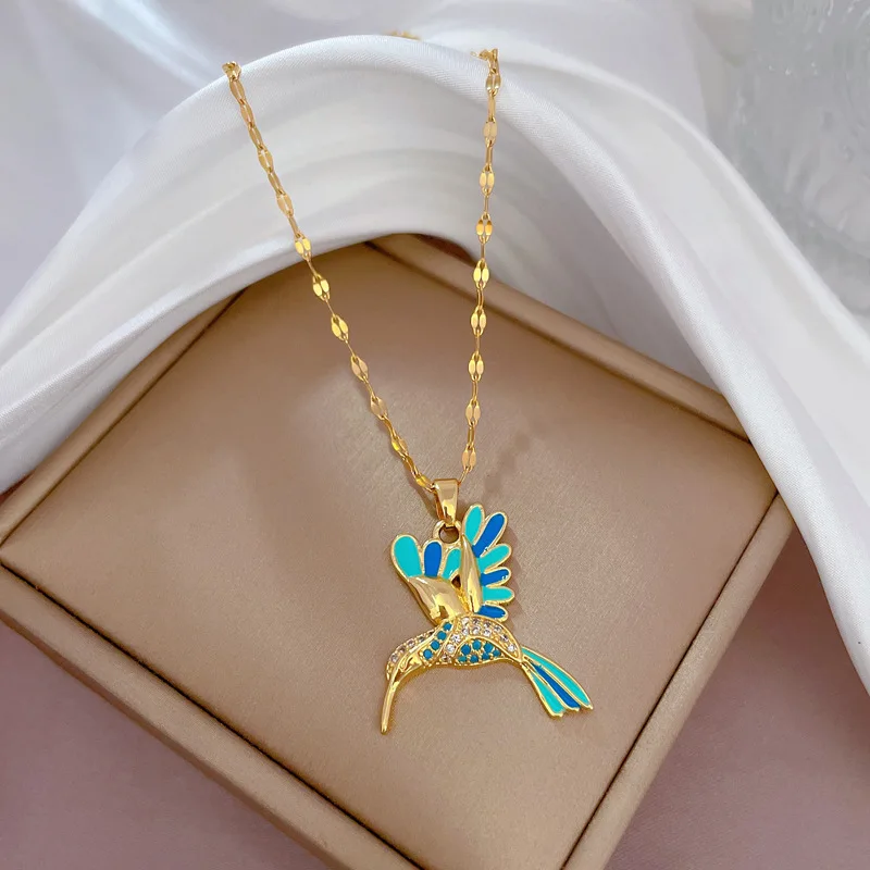 Bunte Specht fliegen Vogel Halskette für Frauen Stahl Zirkonia Kirsche Blume Schlüsselbein Kette