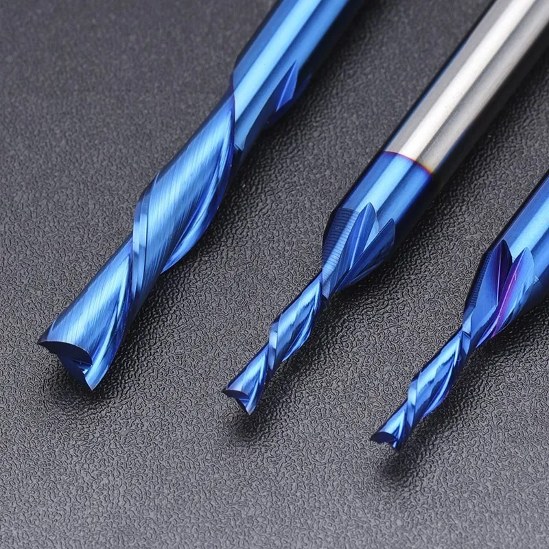 Fresa a candela 2 Flute Down Cut Sprial fresa Nano Blue Coated CNC Router Bits 1/4 Shank utensili per fresatura in metallo duro