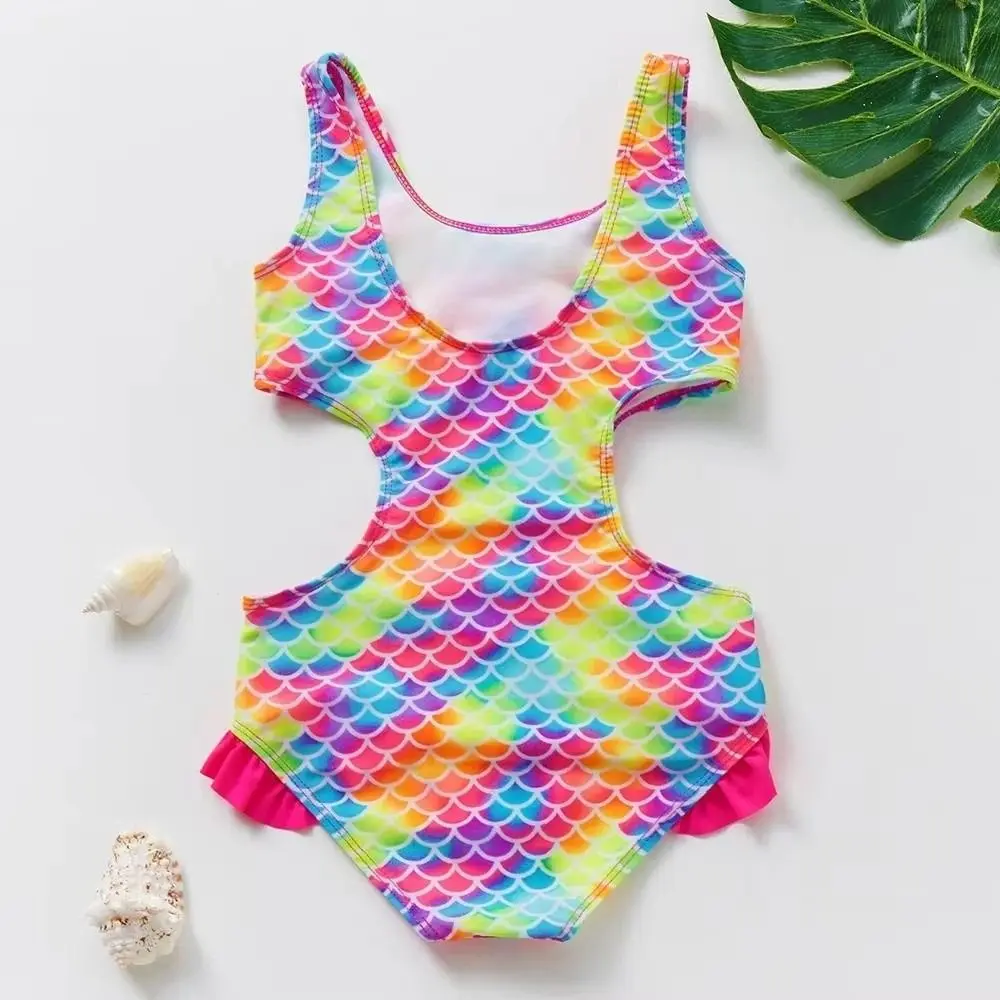 

Sexy Hollow Out Swimsuit High Waist Comfortable One-Piece Swimming Suit Blue Fish Scale Bathing Swimming Suit Outdoor