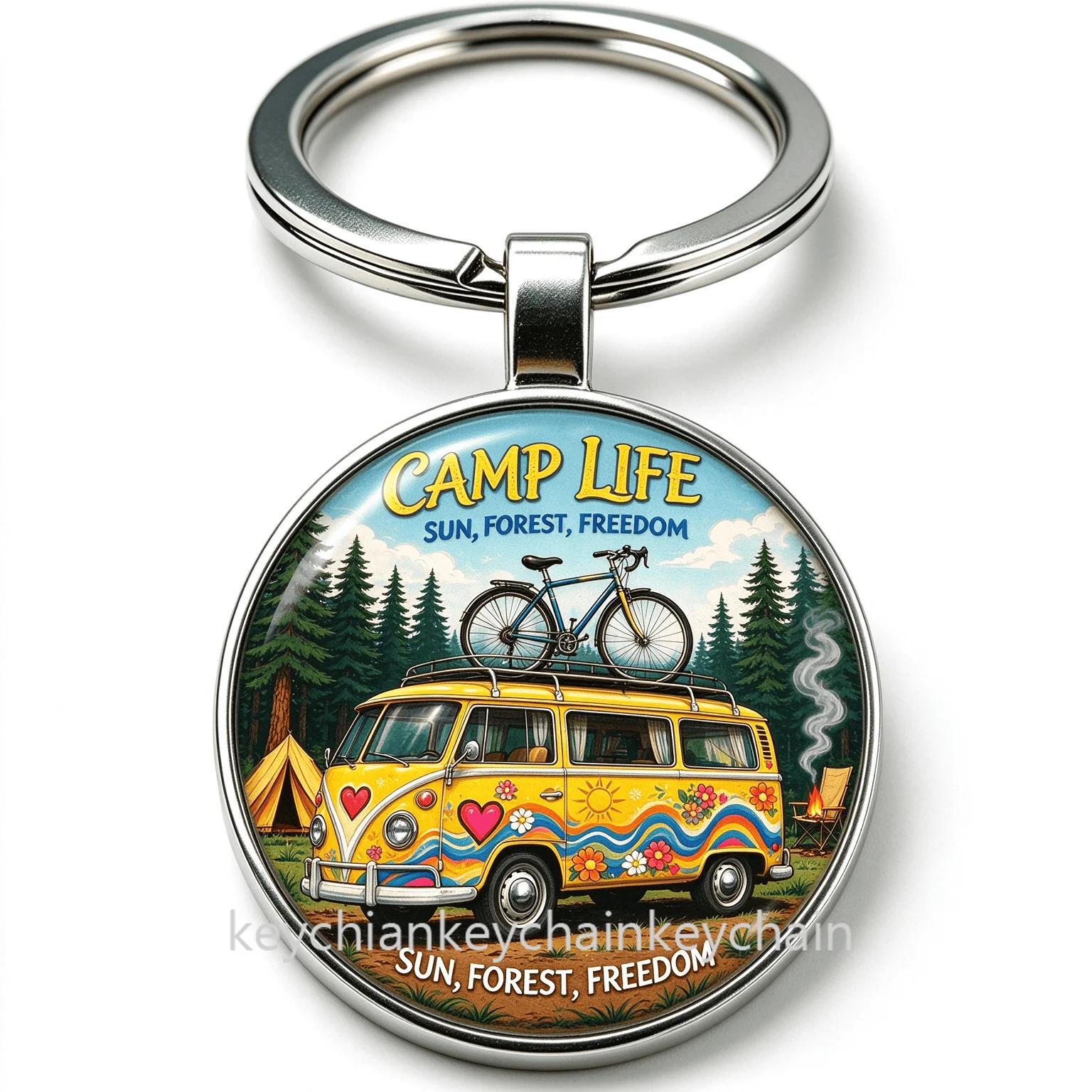 Yellow camping bus  Round Keychain Keyring Bag Charm Gift