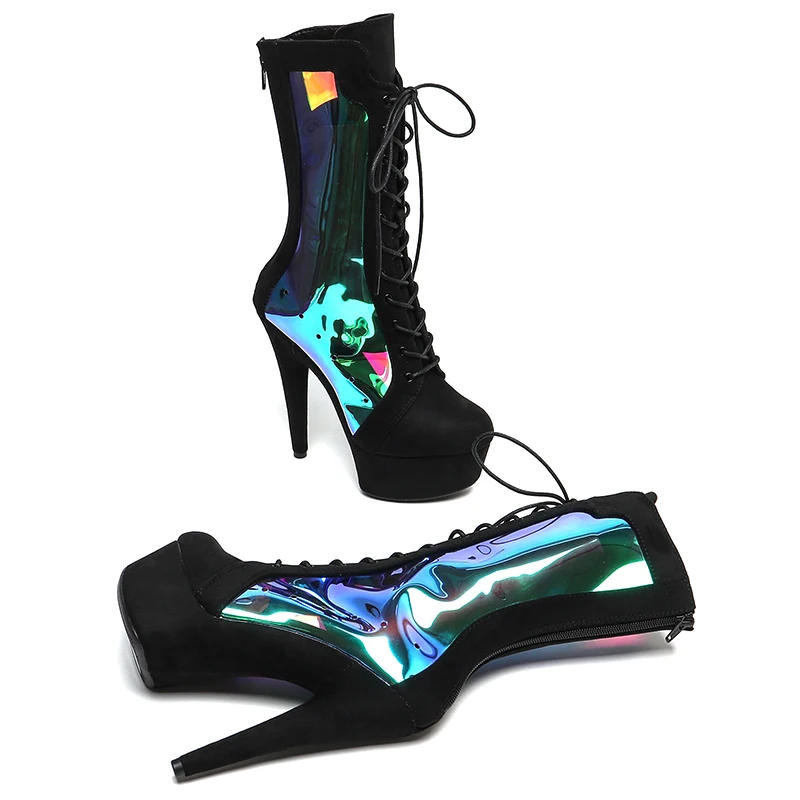 Leecabe 15CM/6inches Suede With holography Clear TPU  Trend fashion exotic  High Heel platform stripper heelPole Dance booties