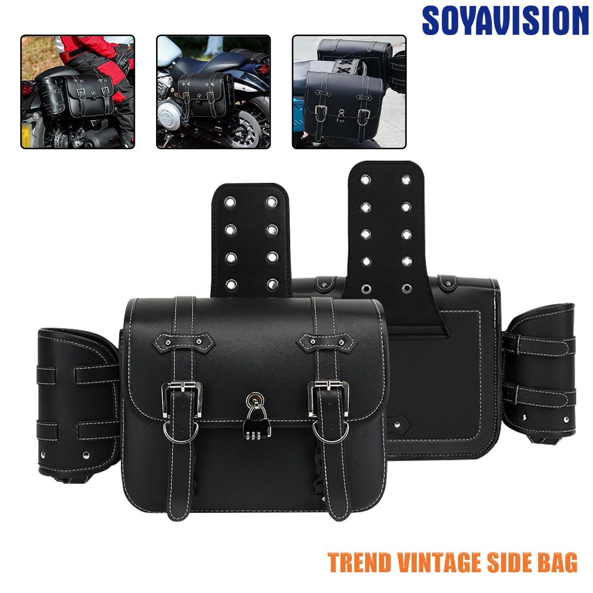 Universal Motorcycle Saddlebags Throw Over Saddle Bags PU Leather Side Luggage Bags with Cup Holder for Sportster Softail Dyna