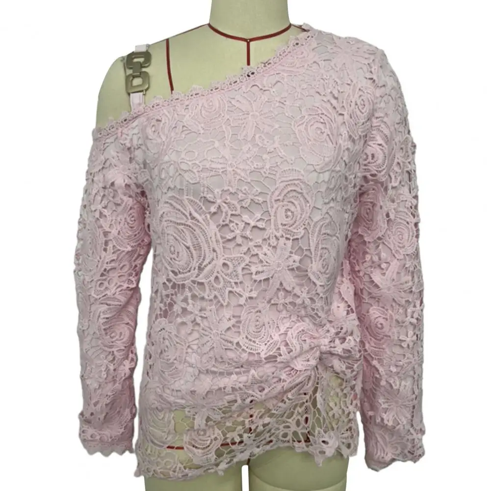 

Lady One Shoulder Top Elegant One Shoulder Lace Top with Flower Embroidery Chain Decor for Women Spring Long Sleeve Irregular