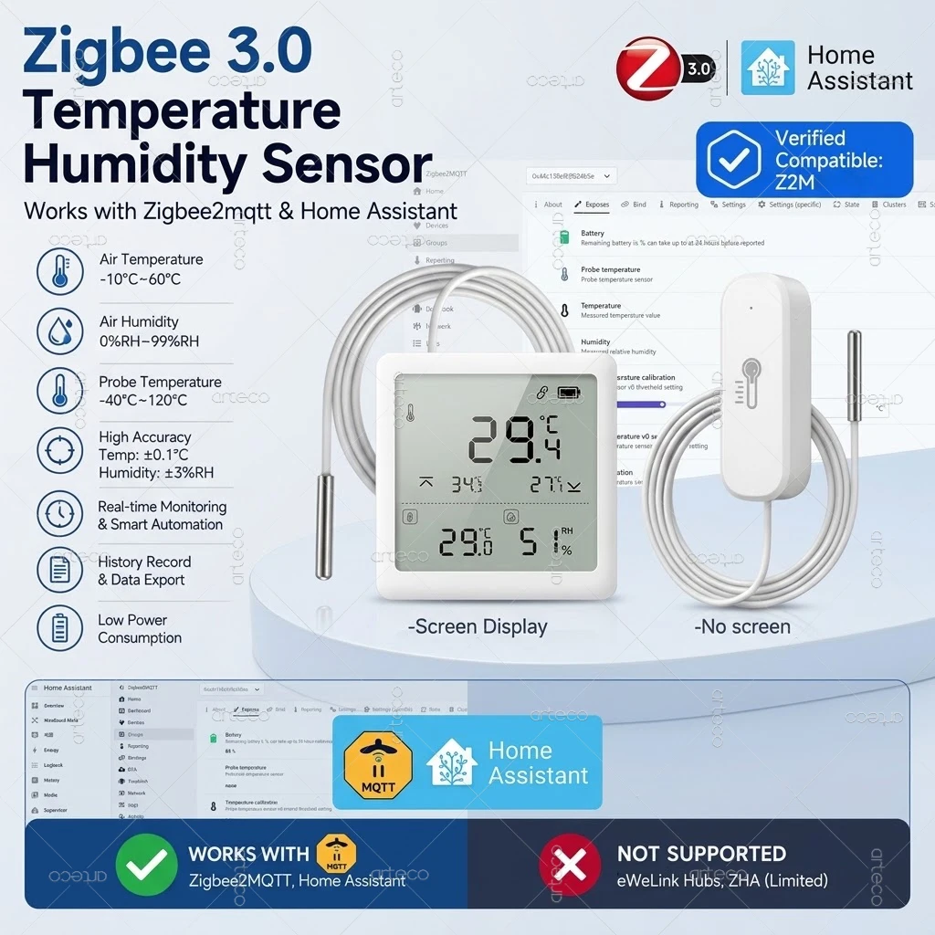 Zigbee 3.0 Temperature Humidity Sensor With External Temperature Probe Digital LCD Screen App Monitoring For Home Assistant Z2M