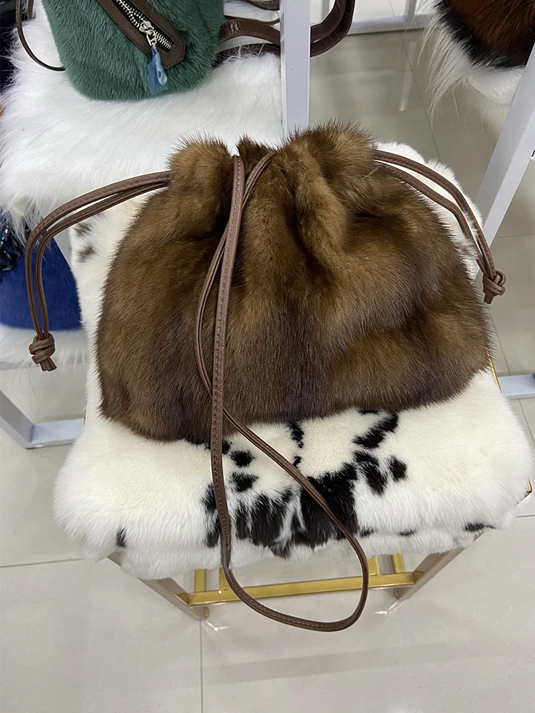 Women Fashion Natural Real Mink Fur Bag Real Fur Handbag Ladies Full Pelt Genuine Leather Inclined Shoulder Bucket Bag