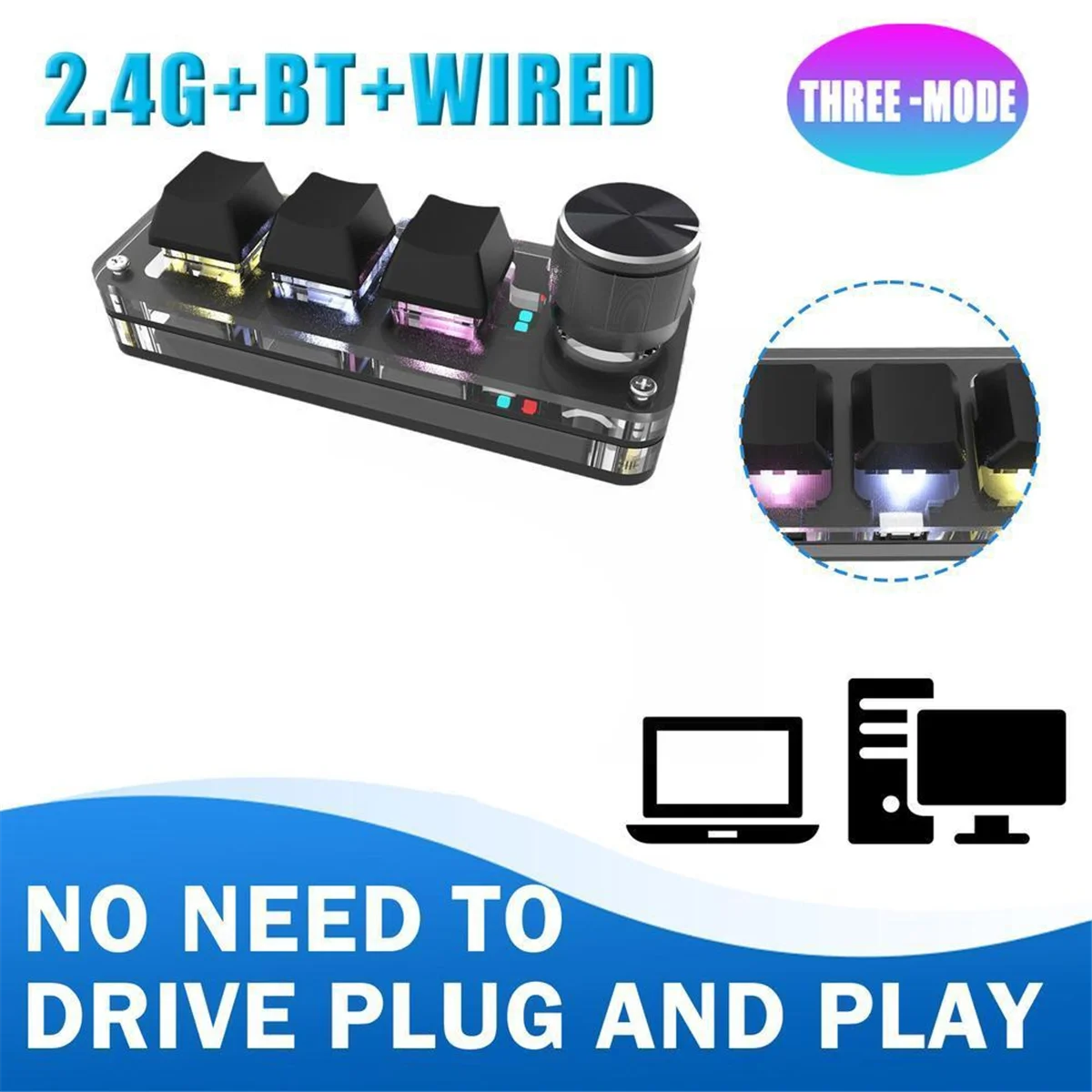 QA06R Mechanical Keyboard RGB Mini Gaming Custom Programming Red Switch 3 Keys 1 Knob 2.4G Wireless Bluetooth Knob Keypads