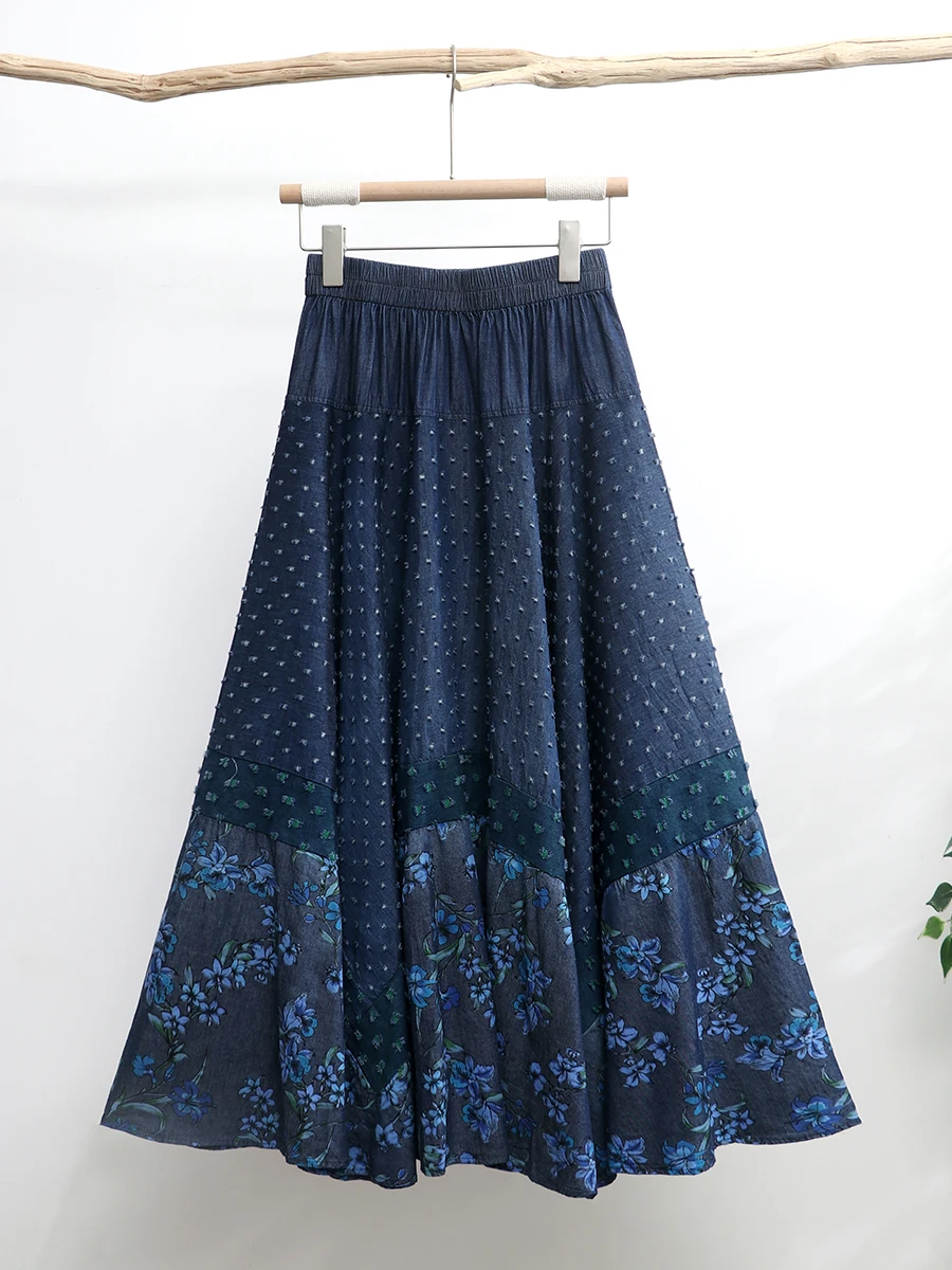 

TIYIHAILEY Long Maxi Printed Skirts Women Elastic High Waist Spring Summer Denim Lady A-Line Patchwork 2025 New Fashion Autumn