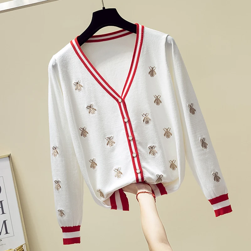 Cardigan Female 2022 New Woman Sweaters Korean Elasticity Long Sleeve Black V Neck Embroidery Honey Women Sweater Knitwear Tops