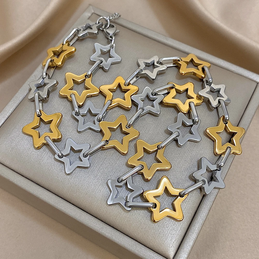 Mode Edelstahl Gold Silber Farbe Halskette für Frauen Nette Hohle Sterne Link Kette Halsketten Wasserdicht Schmuck Geschenke – Detail 15