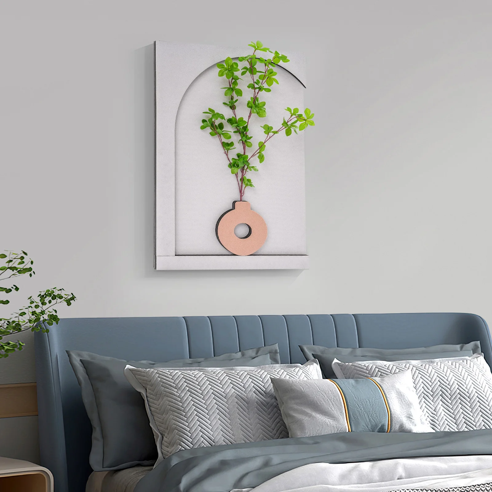 Wall-Mounted Sandstone Arch Wall Art with LED Light & Simulated Plant, Handcrafted 50x70cm 3-Level Dimming Remote Control Decoration for Living Room Bedroom Office, Off-White