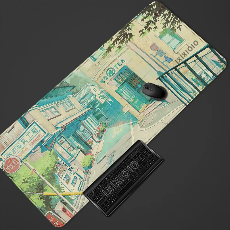 Mouse Pad Gaming Anime Green Japanese Street printon demand Home Mousepad XXL Mechanical Keyboard Pad Natural Rubber Table Mat
