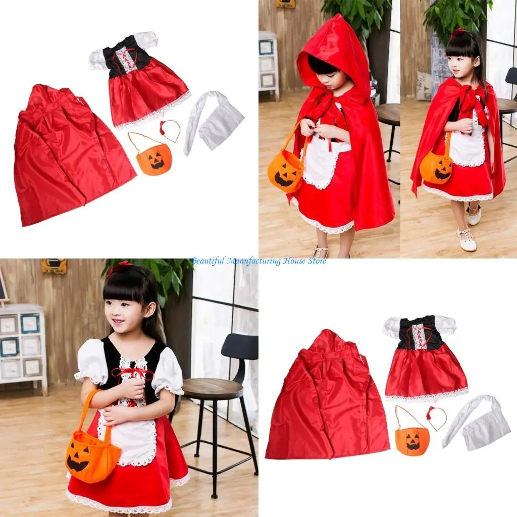 

E56A Classical Girl Riding Hoods RoleplayOutfit Short Sleeve Dress with Hooded for Kid Girls Parties and Cosplay Costume