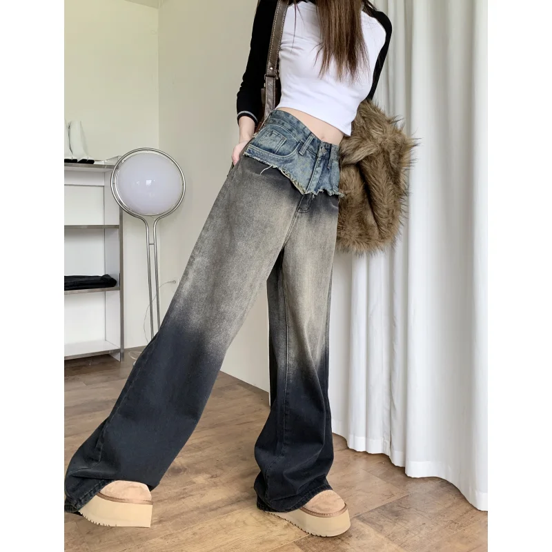 Pantalones Cargo vaqueros grises para mujer, ropa de calle de cintura alta, pantalones de pierna ancha americana, Pantalones rectos de estilo Y2K