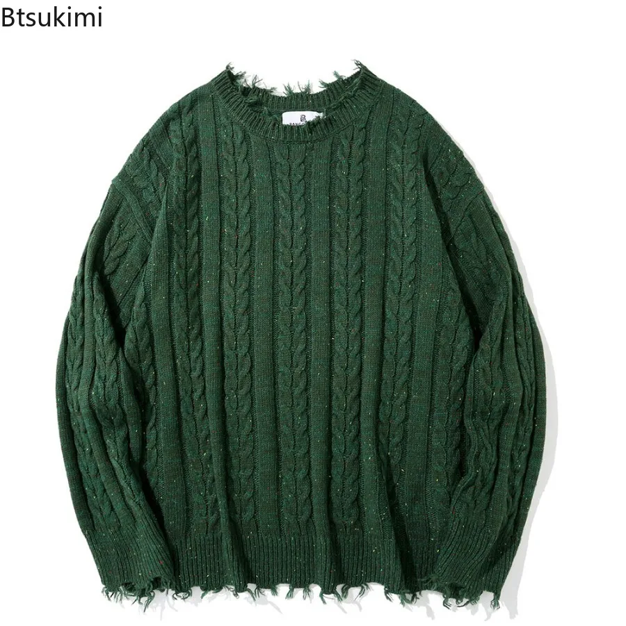 

Men's Solid Color Jacquard Fried Dough Twists Ripped Edge Sweater High Street Lazy Style Loose Round Neck Knit Street Pullover