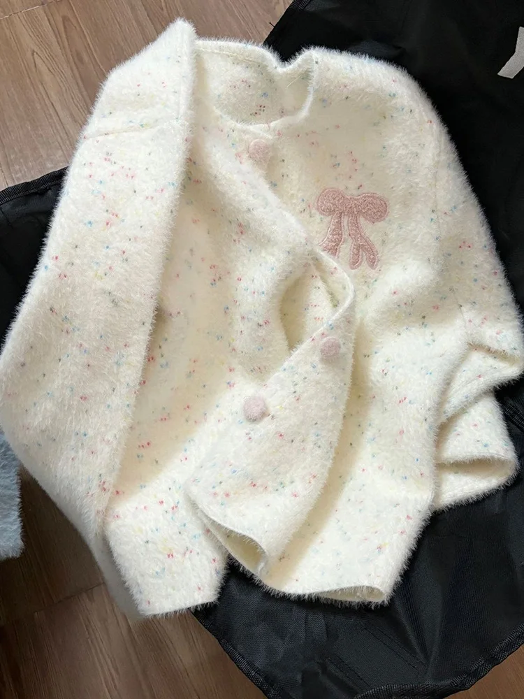 

Sweet Bow Dot Cardigan Women Long Sleeve Cute Knitted Sweater Fashion Korean Fall Loose Preppy Style Female O Neck Chic Tops