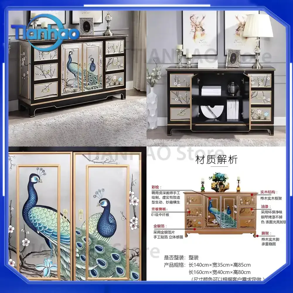 For American Style Entrance Hall Cabinet For New Chinese Style Painted Peacock Art Decorative Partition Cabinet For Storage