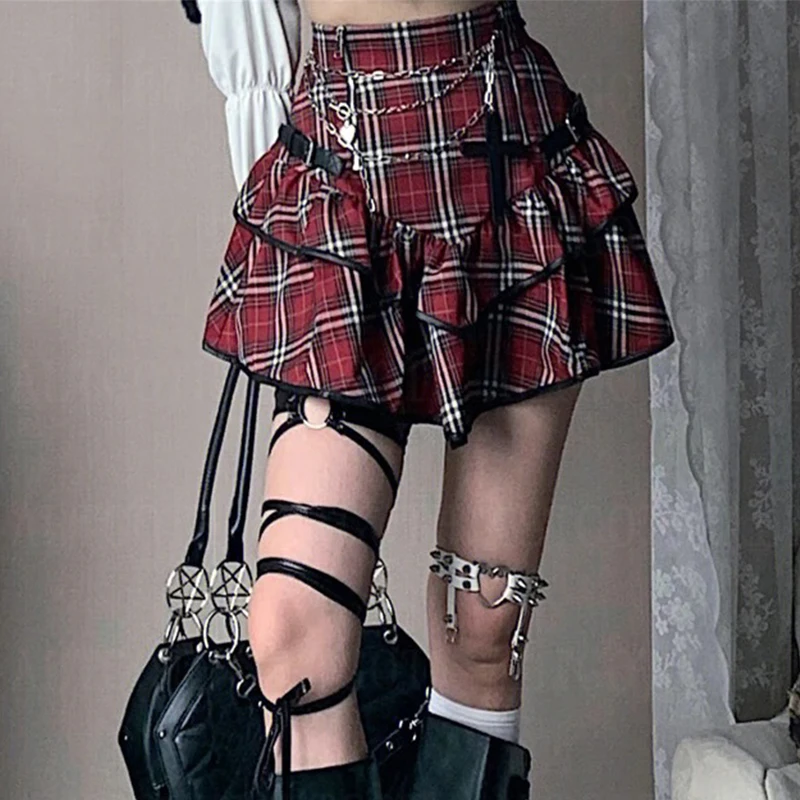 AltGoth Punk Gothic Red Plaid Skirt Women Vintage Y2k E-girl Emo Alt High Waist Cake Skirt Harajuku Fairycore Grunge Clubwear image 5