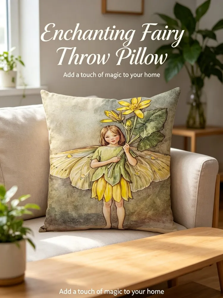 Vintage Flower Fairy Throw Pillow Covers, Retro Watercolor Dandelion Crocus Pansy Elf Wing Square Cushion Case for Sofa Cottagec