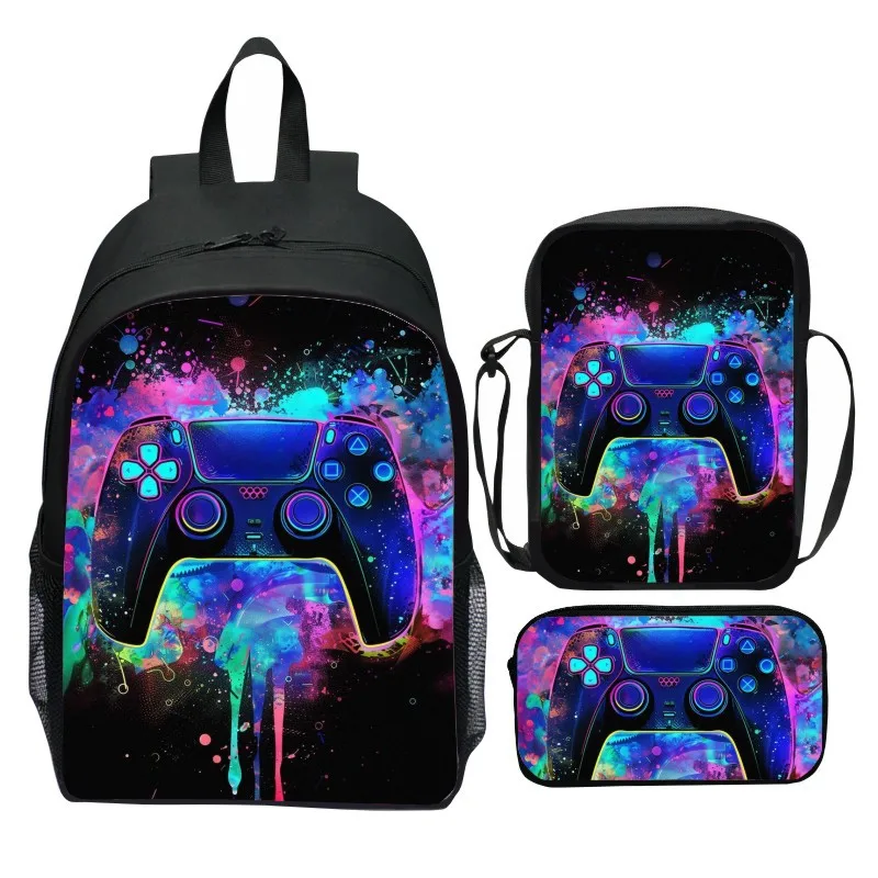 New printed game controller three piece set cartoon elementary school backpack shoulder bag pencil case casual lightweight