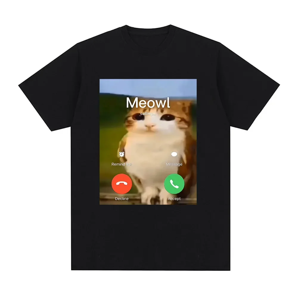 Meowl Is Calling Phone Call Meme Brainrot Funny Cat Owl T-shirtsClothing Fashion Harajuku Short Sleeves  T Shirts