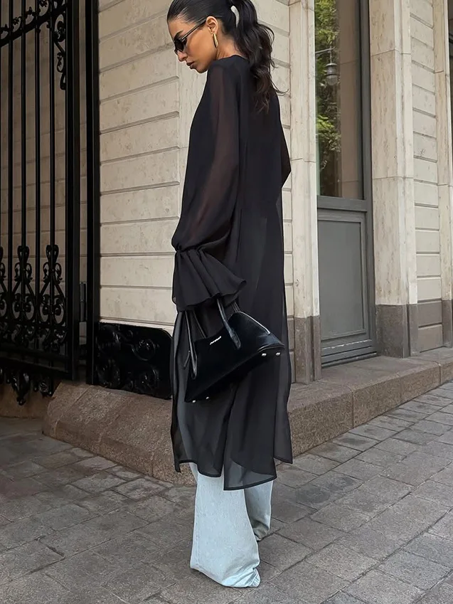 2025年ファッションシフォンシャツ レディース ブラックメッシュイレギュラーヘムラウンドネックロータススリーブ長袖トップス