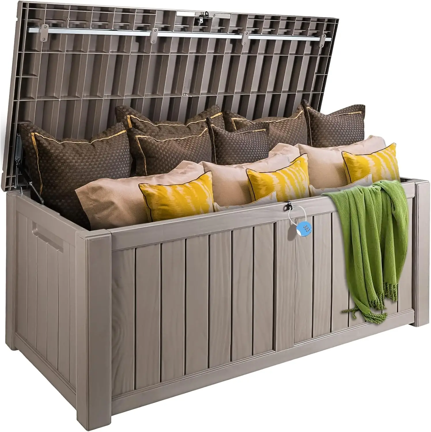 

Коробка для палубы, ящик для хранения на открытом воздухе на 120 галлонов, 56,3 x 26,6 x 23,8 дюйма, водонепроницаемый декбокс из полипропилена с навесным замком из алюминиевого сплава, серый